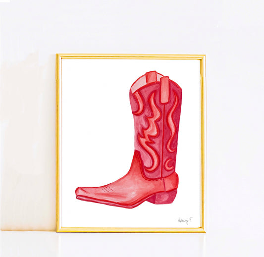 Print | RED Watercolor Cowboy Boot Poster | Southern | Western | Preppy | Dorm Decor | Coastal Cowgirl TS4