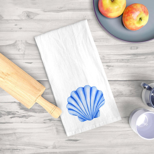 Tea Towel | Blue Seashell Watercolor Illustration | Coastal Kitchen Decor |Beach Shell Towel |Unique Nautical Hostess Gift | Seaside Accents