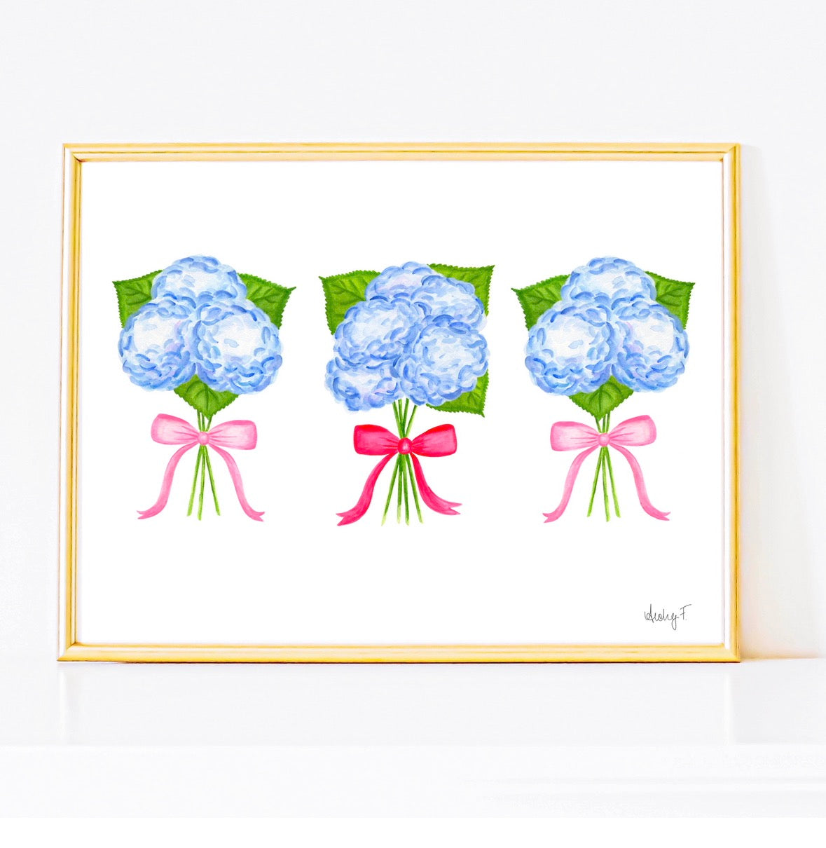 Trio of Blue Hydrangea Bouquets with Hot Pink and Light Pink Bows Watercolor Print | Various Sizes