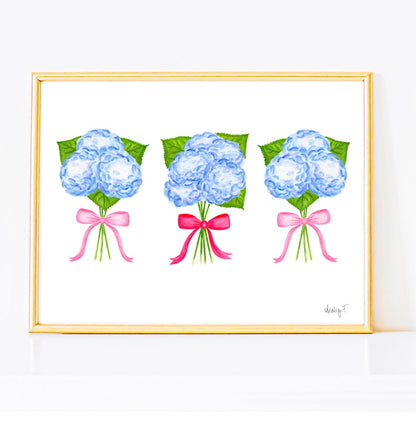 Trio of Blue Hydrangea Bouquets with Hot Pink and Light Pink Bows Watercolor Print | Various Sizes