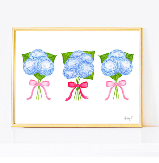 Trio of Blue Hydrangea Bouquets with Hot Pink and Light Pink Bows Watercolor Print | Various Sizes