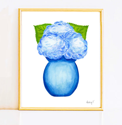 Bunch of Blue Hydrangeas Blue Vase Watercolor Print | Various Sizes