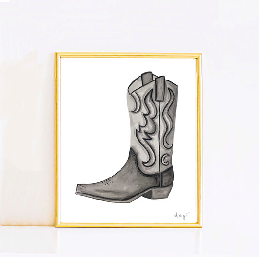Print | Black & Gray Tonal Watercolor Cowboy Boot Painting Post | Rustic Decor | Southern | Western