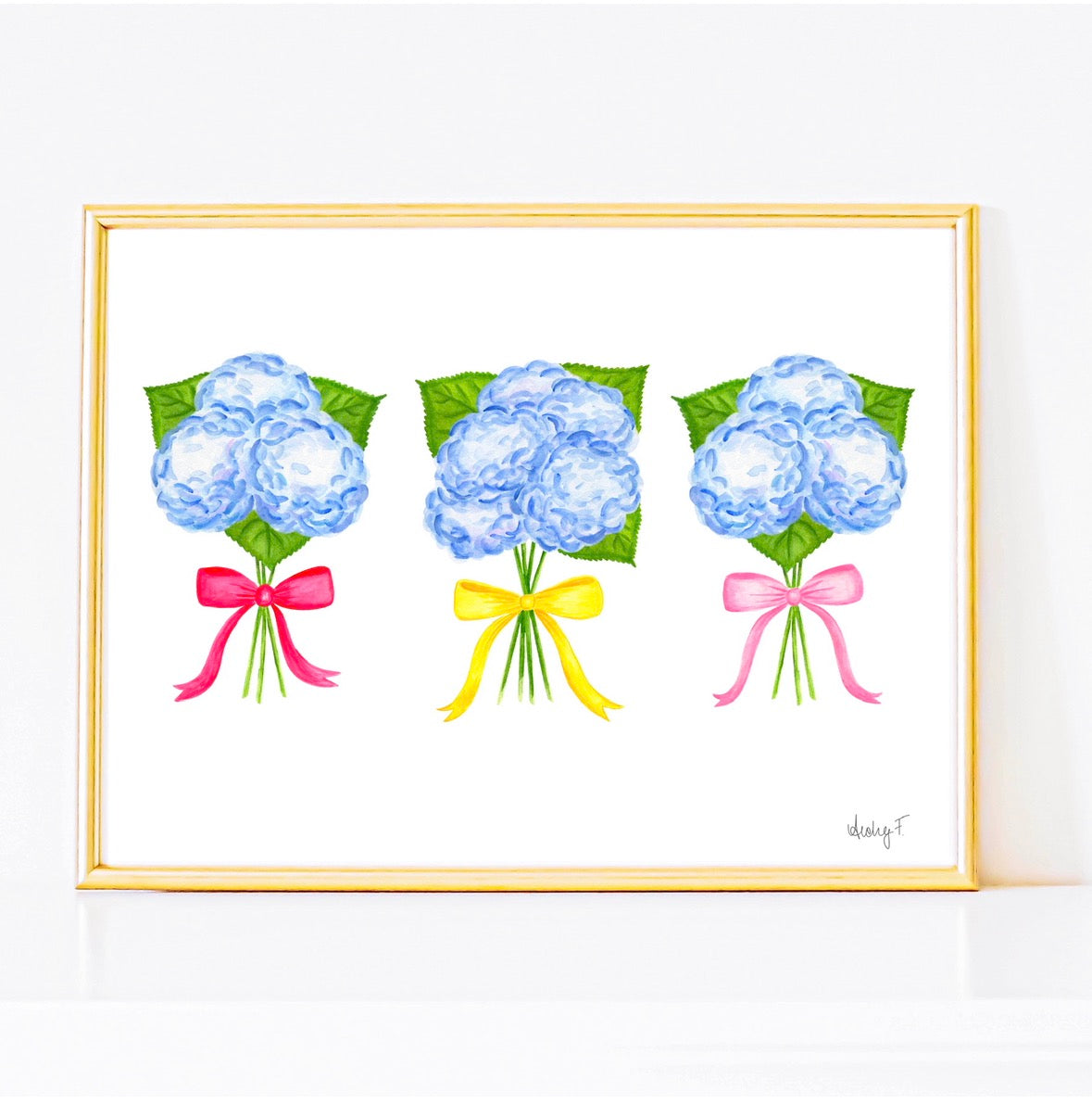 Trio of Blue Hydrangea Bouquets with Hot Pink, Yellow, and Light Pink Bow Watercolor Print | Various Sizes