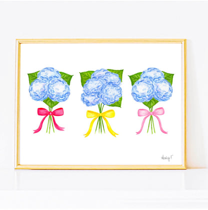 Trio of Blue Hydrangea Bouquets with Hot Pink, Yellow, and Light Pink Bow Watercolor Print | Various Sizes