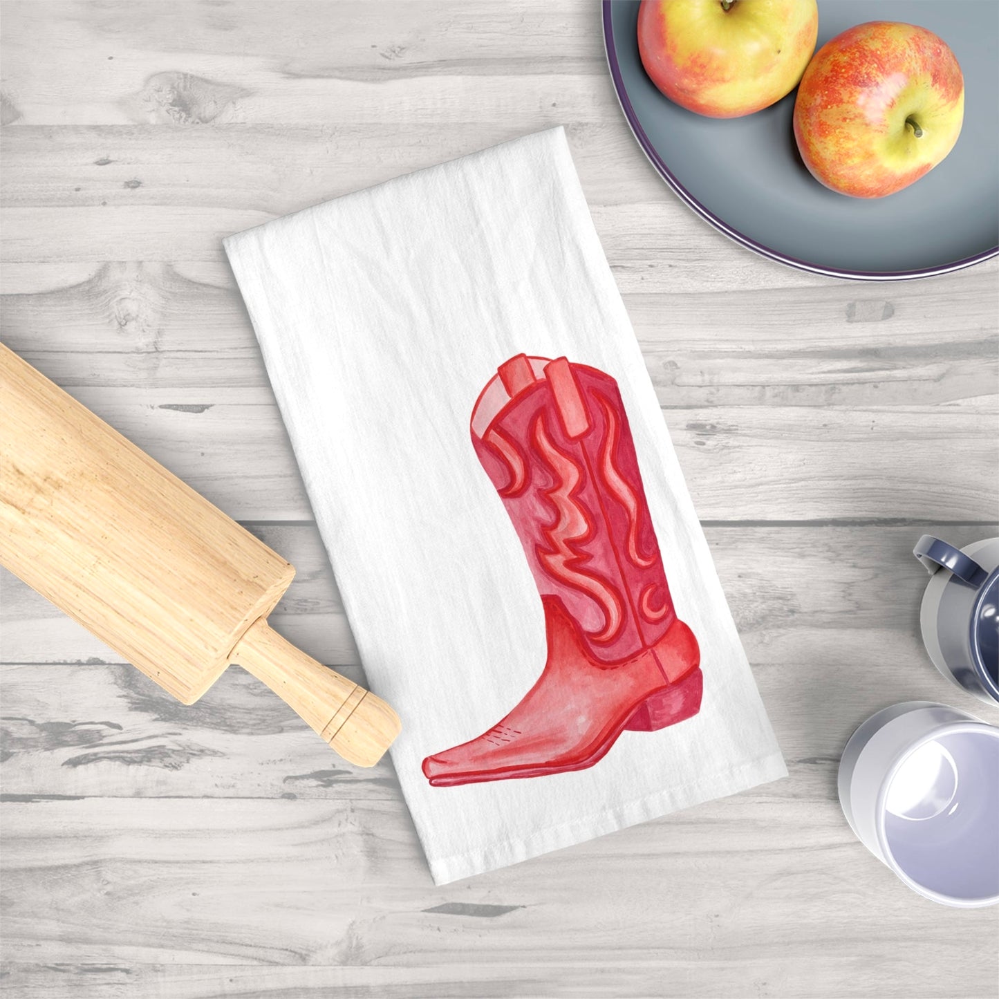 Tea Towel | Red Cowboy Boot Watercolor Illustration | Boho Western Rustic Kitchen Decor | Coastal Cowgirl Kitchen
