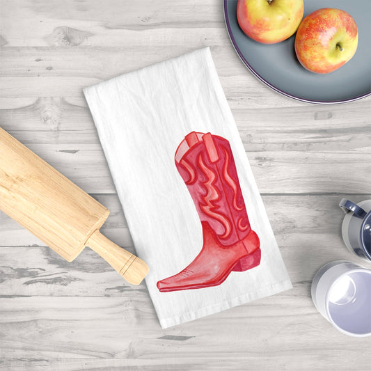 Tea Towel | Red Cowboy Boot Watercolor Illustration | Boho Western Rustic Kitchen Decor | Coastal Cowgirl Kitchen