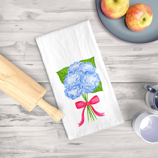 Tea Towel | Watercolor Blue Hydrangeas with Hot Pink Bow Illustration Printed | Preppy Coastal Kitchen Decor Gifts
