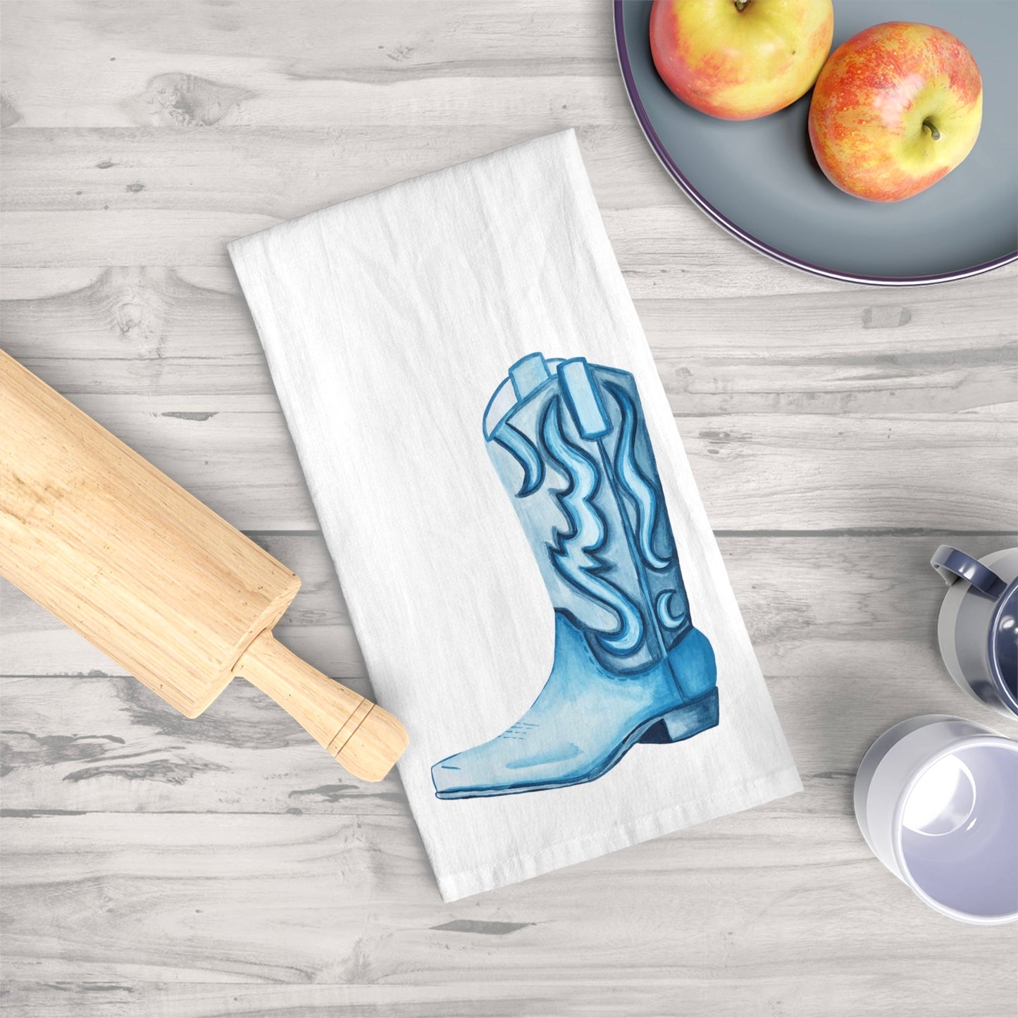 Tea Towel | Navy Cowboy Boot Watercolor Illustration | Boho Western Rustic Kitchen Decor | Coastal Cowgirl Kitchen