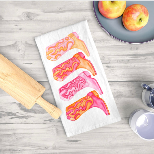 Tea Towel | Row of Hot Pink and Orange Cowboy Boots Watercolor Illustration | Whimsical Colorful Boho Cute Kitchen Decor | Cowgirl Gifts