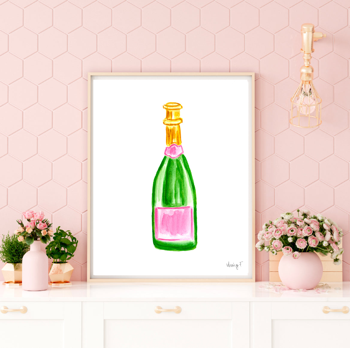 Print | Pink & Green Champagne Bottles Watercolor | Preppy Colorful Cheery Bright Coastal Cowgirl Dorm Cocktail Wall Art Cocktail Bar Cart Poster Decor