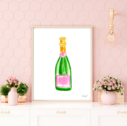 Print | Watercolor Pink & Green Champagne Bottles