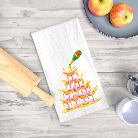 Tea Towel | Pink Coupes Green & Orange Bottle Champagne Tower | Fun Colorful Kitchen Decor | Hostess Gift Bridal Showers, Parties, Gift Idea