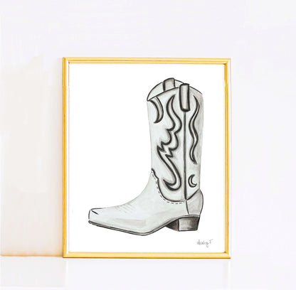 Print | Watercolor White & Gray Cowboy Boot