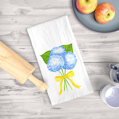 Tea Towel | Watercolor Blue Hydrangeas with Yellow Bow Printed Illustration | Preppy Coastal Kitchen Decor Gifts