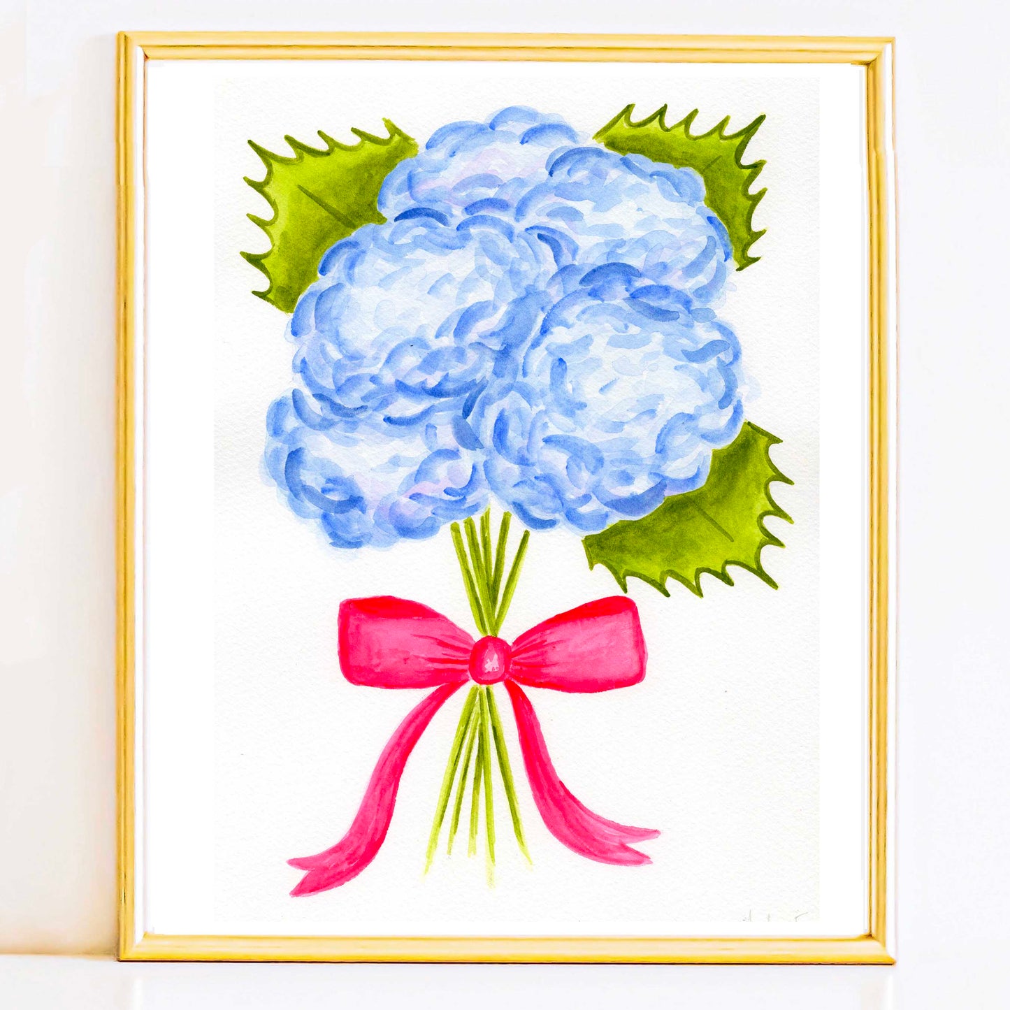 Light Blue Hydrangea Bouquet with Hot Pink Bow | Original Watercolor Painting | 8 of 9