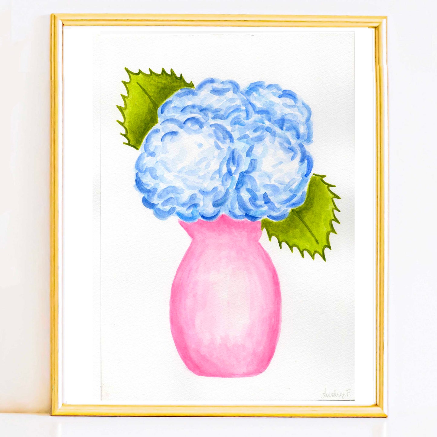 Light Blue Hydrangea Bouquet in Pink Vase | Original Watercolor Painting | 3 of 9