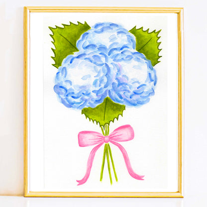 Light Blue Hydrangea Bouquet with Pink Bow | Original Watercolor Painting | 7 of 9