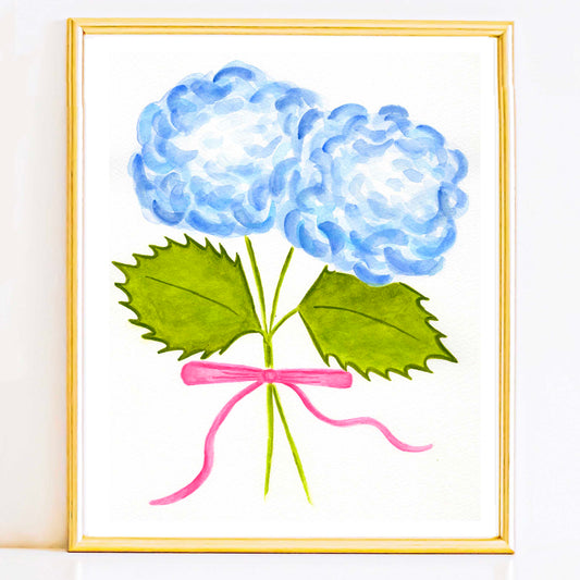 Light Blue Hydrangea Stems with Light Pink Bow | Original Watercolor Painting | 6 of 9