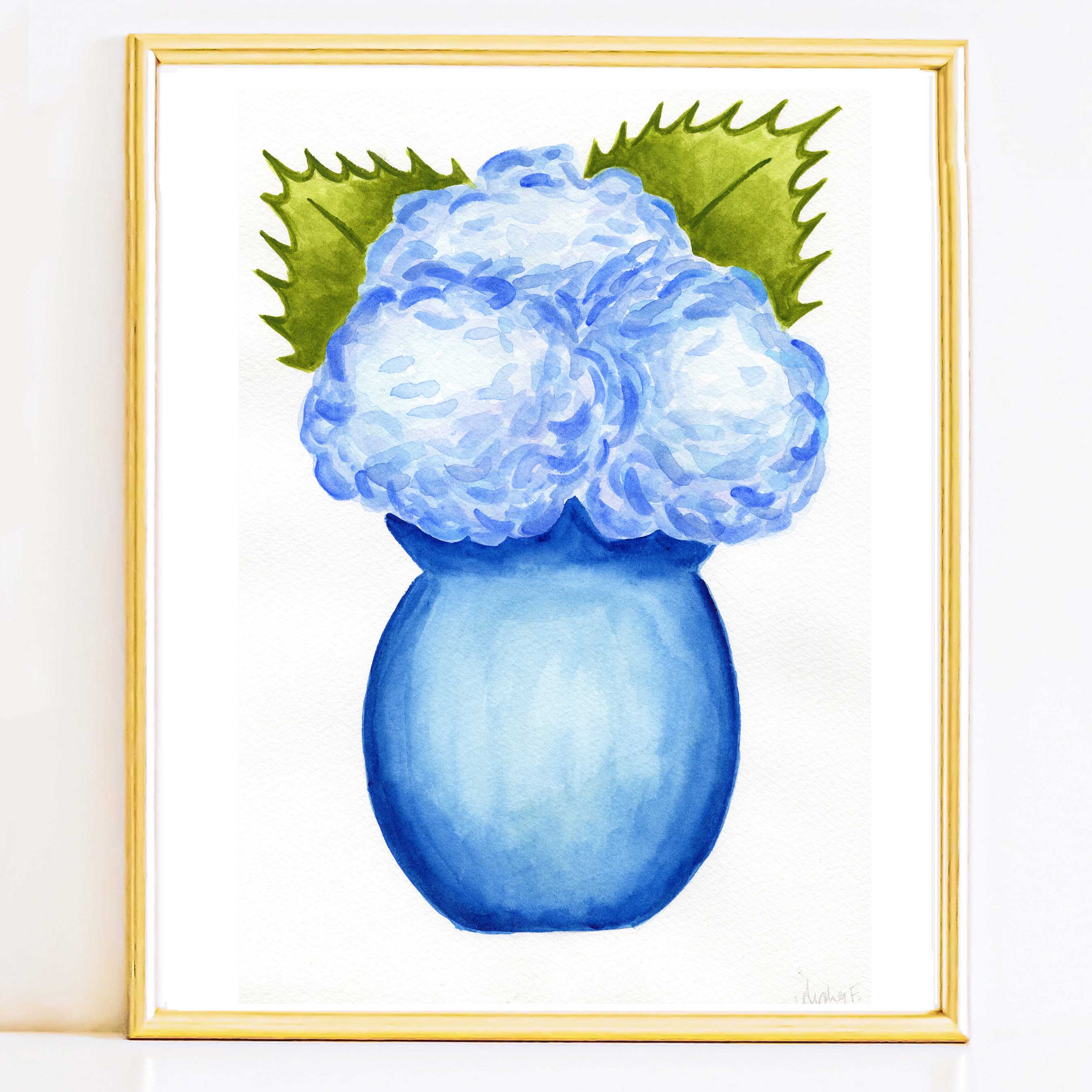 Original painting in Watercolor popular framed blue bare vase