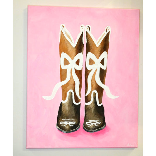 16”x20” Acrylic Cowboy Boots on Pink with White Bow on Stretched Canvas pink