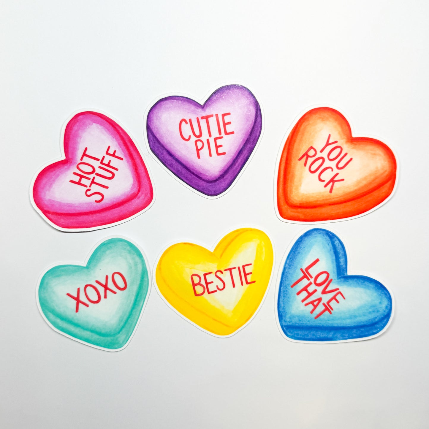 Stickers | Set of 6 Watercolor Sweetheart Candy Waterproof Vinyl Sticker