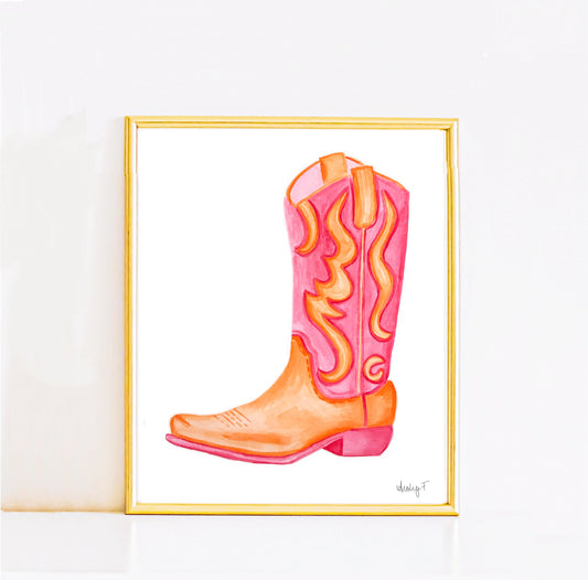 Print | Hot Pink & Orange Cowboy Boot Watercolor | Various Sizes