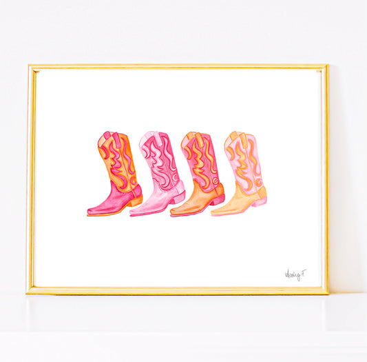 Print | Row of Mini Hot Pink & Orange Cowboy Boots Watercolor | Various Sizes