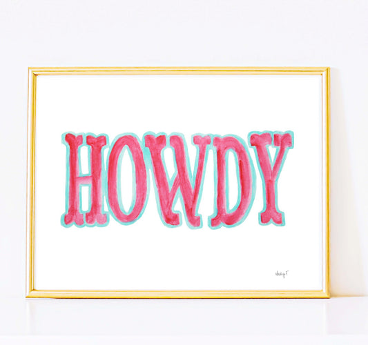 Print | Hot Pink Blue Howdy Western Watercolor | Various Sizes