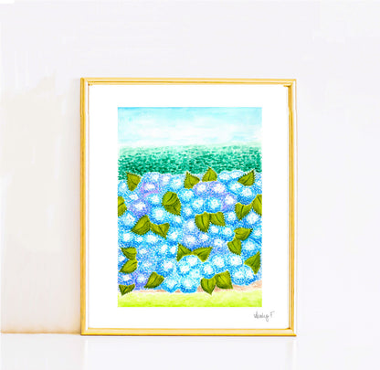 Print | Blue Hydrangea Blooms & Hedge Watercolor | Various Sizes