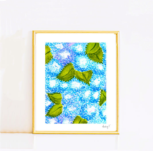 Print | Blue Hydrangea Blooms Watercolor | Coastal Grand Millenial Wall Art Decor | Hamptons |Nantucket New England Summer Garden