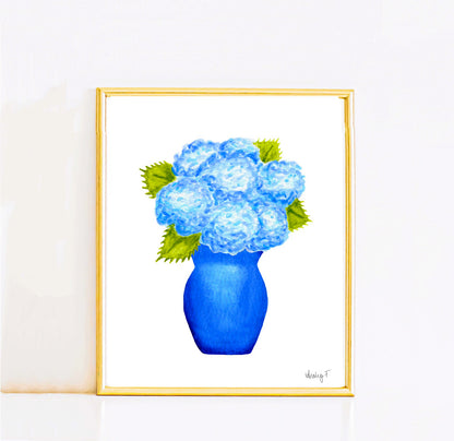 Print | Blue Hydrangea Blooms in Blue Vase | Various Sizes