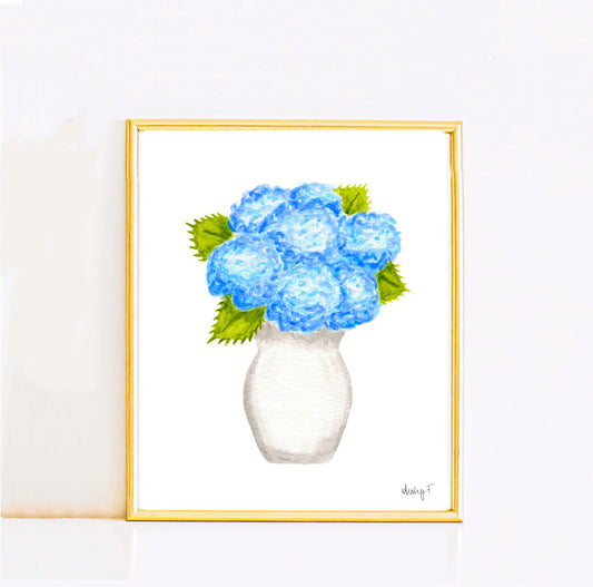 Print | Blue Hydrangea Blooms in Cream Vase Watercolor | Various Sizes