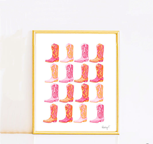 Print | Rows of Mini Hot Pink & Orange Cowboy Boots Watercolor | Various Sizes