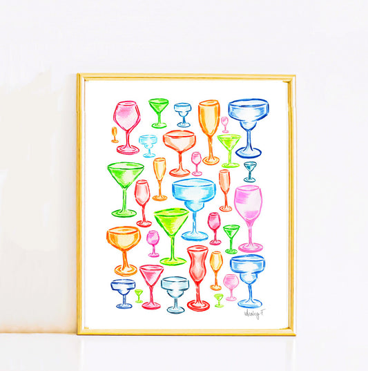 Print | Bright Watercolor Cocktail Wine Margarita Champagne Glasses | Various Sizes