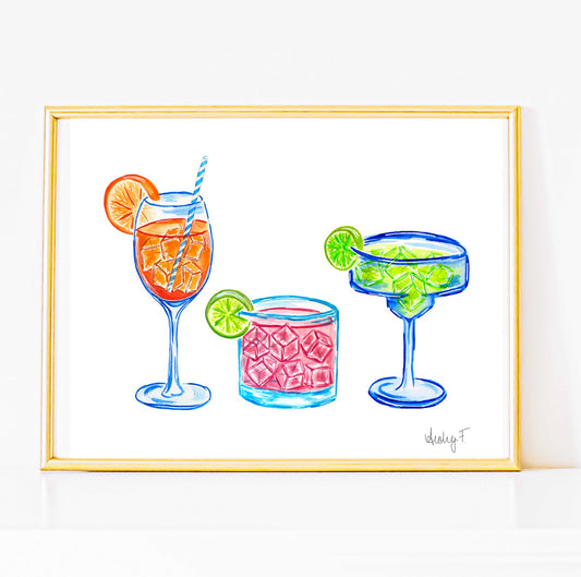 Print | Bright Cocktail Trio Aperol Spritz Margarita Paloma Watercolor | Various Sizes