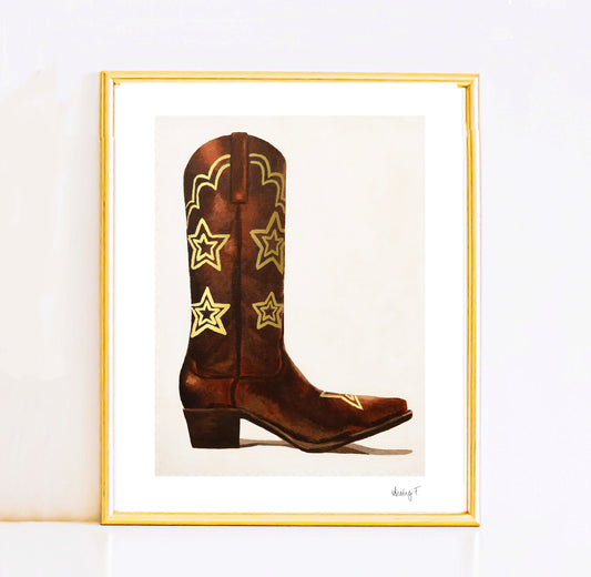 Print | Signed Hand Embellished Gold Stars Cowboy Boot Textured Print