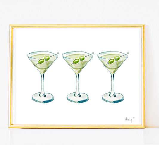 Print | Watercolor Green & Blue Martini Trio Painting | Bar Cart Decor | Cocktail Art Poster Poster