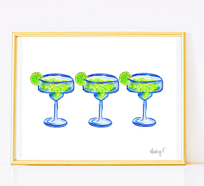 Print | Bright Blue Tequila Margarita Watercolor Trio| Blue Green | Bar Cart Cocktail Kitchen Art Wall Decor | Coastal Cowgirl | Dorm Preppy