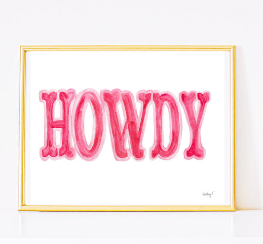 Print | Hot Pink Howdy Watercolor Print | Western Decor | Southern | Pink Cowgirl Art | Dorm | Rustic Decor