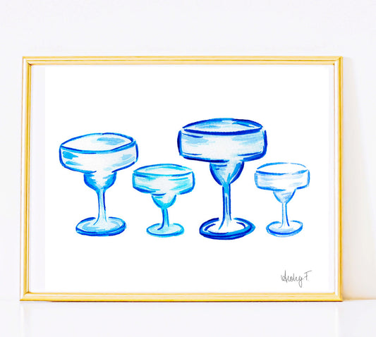 Print | Blue Margarita Glass Watercolor Quad | Bar Cart Cocktail Wall Art | Coastal Grandmother Preppy