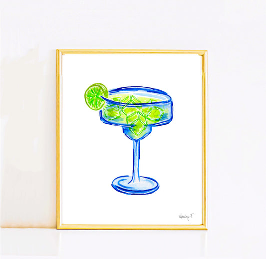 Print | Bright Blue Tequila Margarita Watercolor | Blue Green | Bar Cart Cocktail Kitchen Art Wall Decor | Coastal Cowgirl | Dorm Preppy