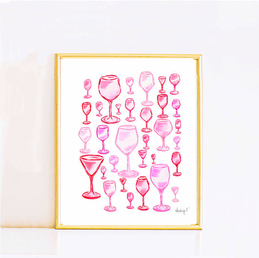 Print | Hot Pink Wine Glasses Watercolor | Bar Cart Cocktail Kitchen Art Wall Decor | Coastal Cowgirl | Dorm Preppy | House Warming