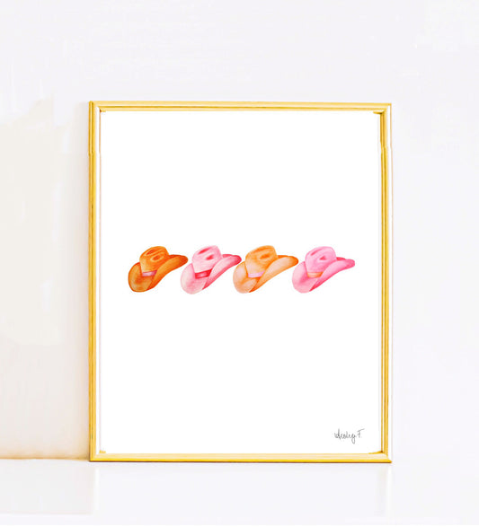 Print | Row of Cowboy Hats | Hot Pink and Orange Design | Watercolor Painting | Dorm Decor | Western | Cowgirl | Preppy Coastal Cowgirl