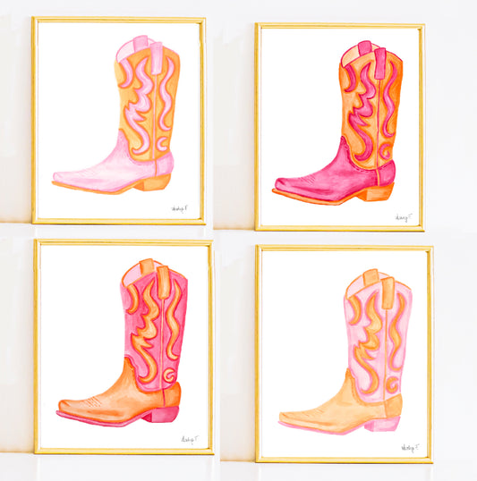 Set of 4 Prints | Pink & Orange Cowboy Boots