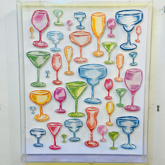 16” x 20” Glitter Embellished Watercolor Assorted Color Cocktail Glasses 3D Push Pin Shadow Box