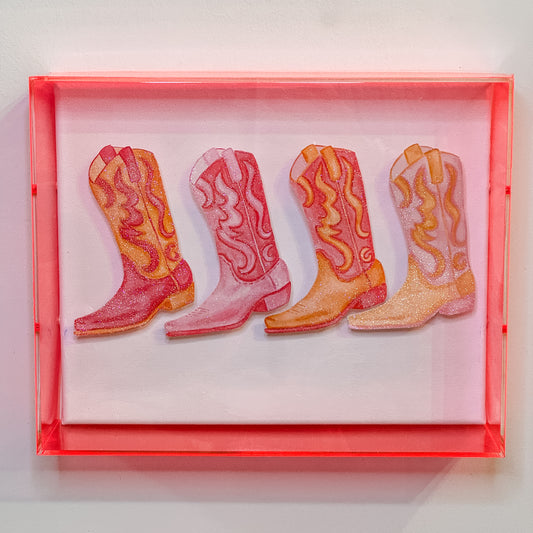 8” x 10” Glitter Embellished Hot Pink & Orange Cowboy Boots 3D Push Pin Shadow Box Clear