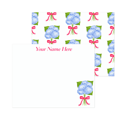 Personalized | Blue Hydrangeas with Hot Pink Bow Watercolor Illustration | Set of 10 Cards & Envelopes | 2 Sizes
