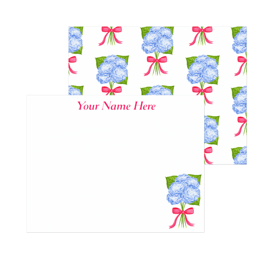 Personalized | Blue Hydrangeas with Hot Pink Bow Watercolor Illustration | Set of 10 Cards & Envelopes | 2 Sizes