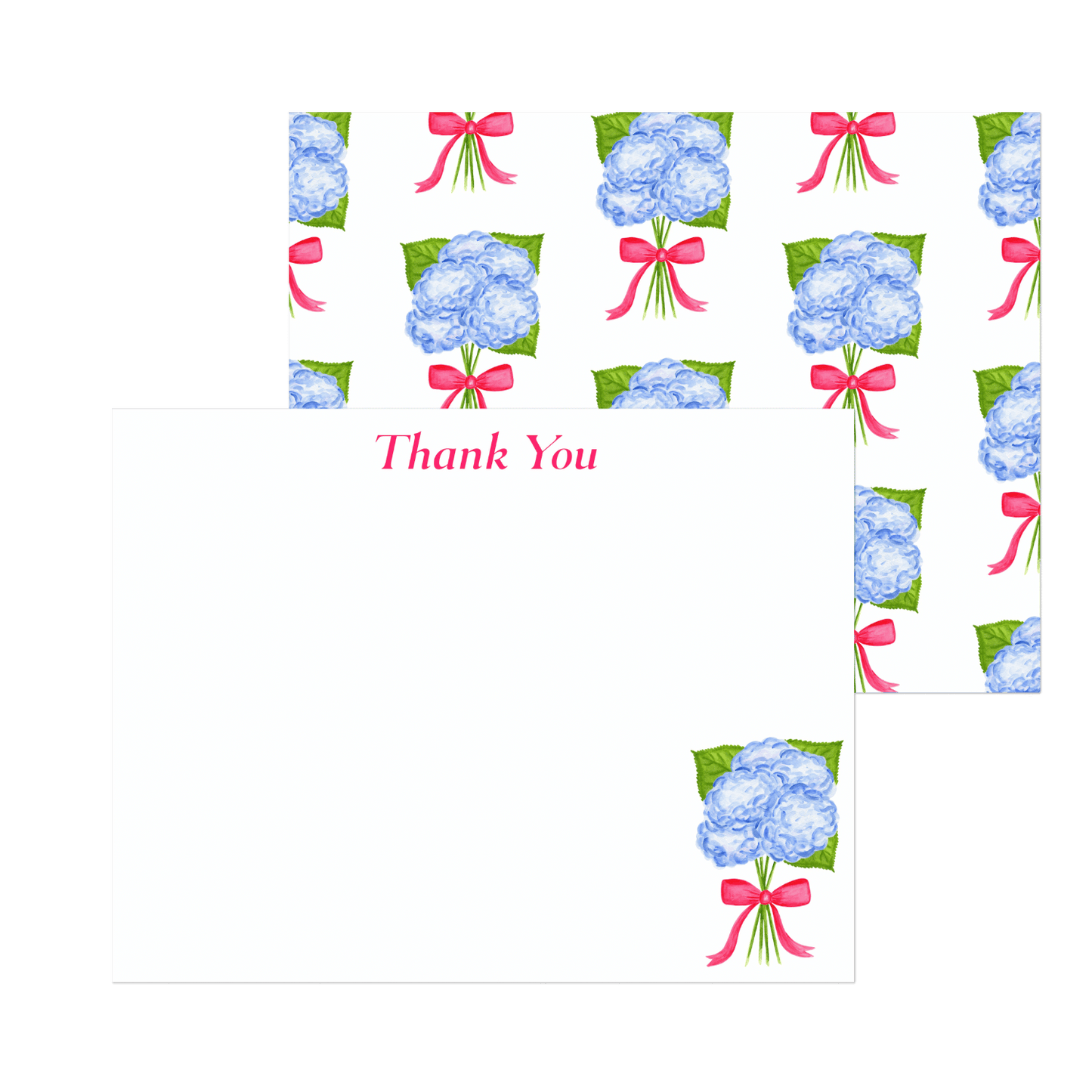 Thank You Cards | Blue Hydrangeas with a Hot Pink Bow Watercolor Illustration | Set of 10 Cards & Envelopes | 2 Sizes